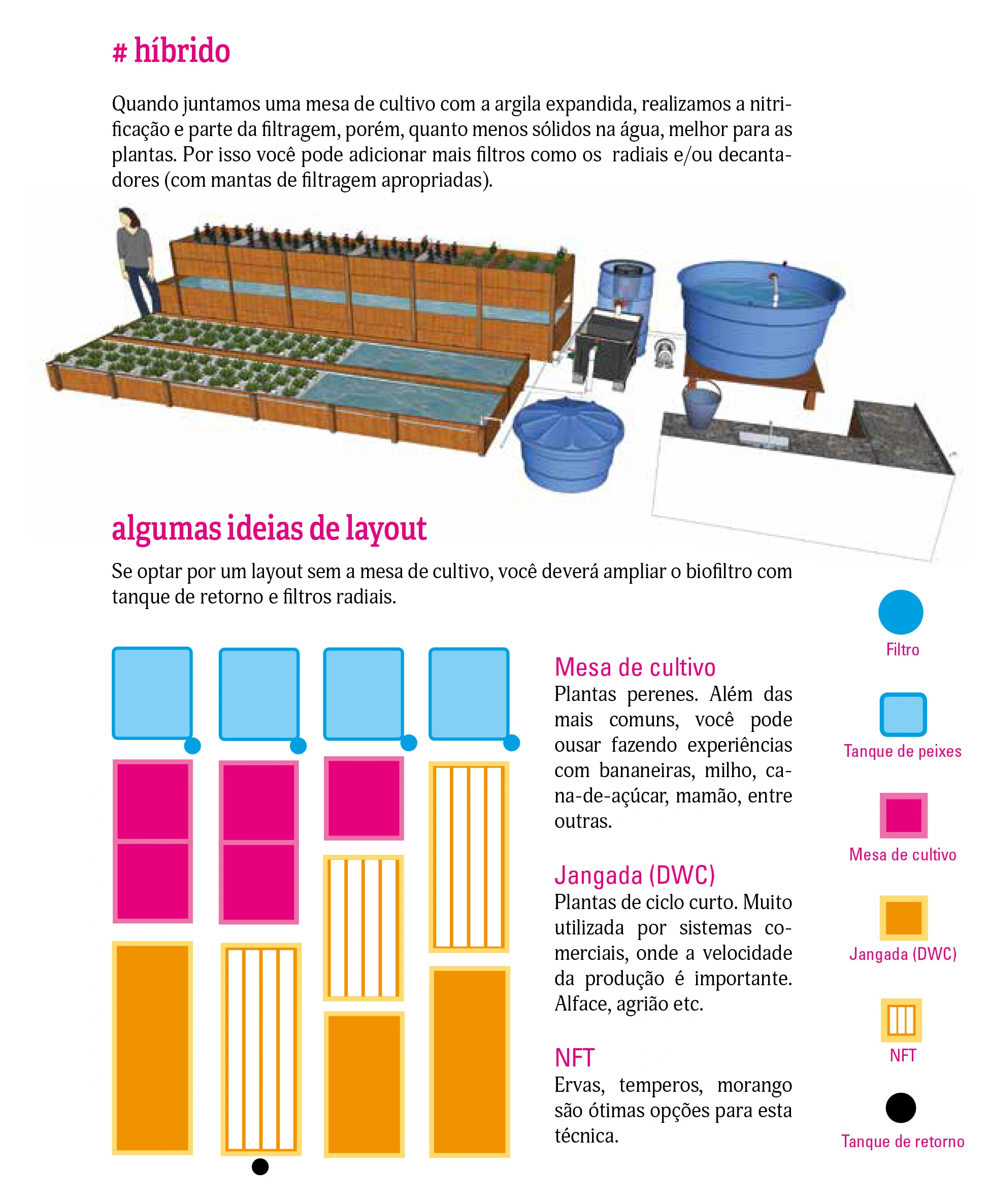Comparison of aquaponic layout options, showing different arrangements of tanks and grow beds