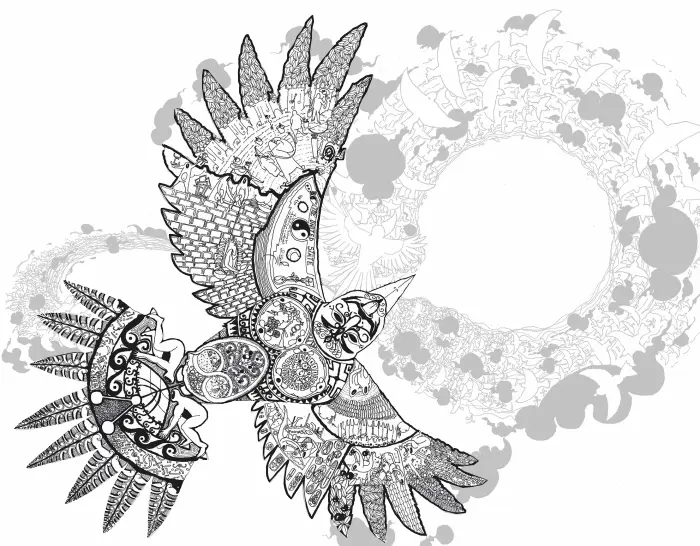 Detailed black-and-white illustration of a bird composed of hundreds of smaller fragments, symbols, and hand-drawn elements
