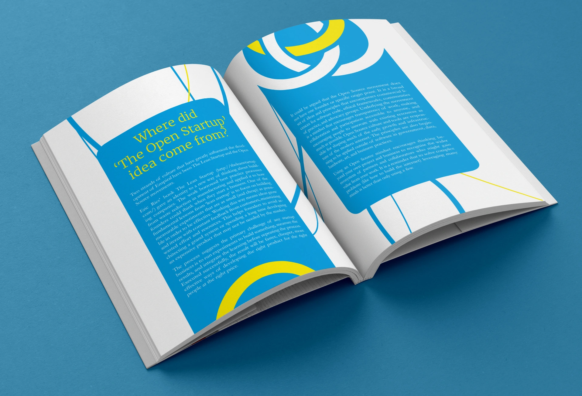 Cyan and yellow essay opener spread with stylized headline typography