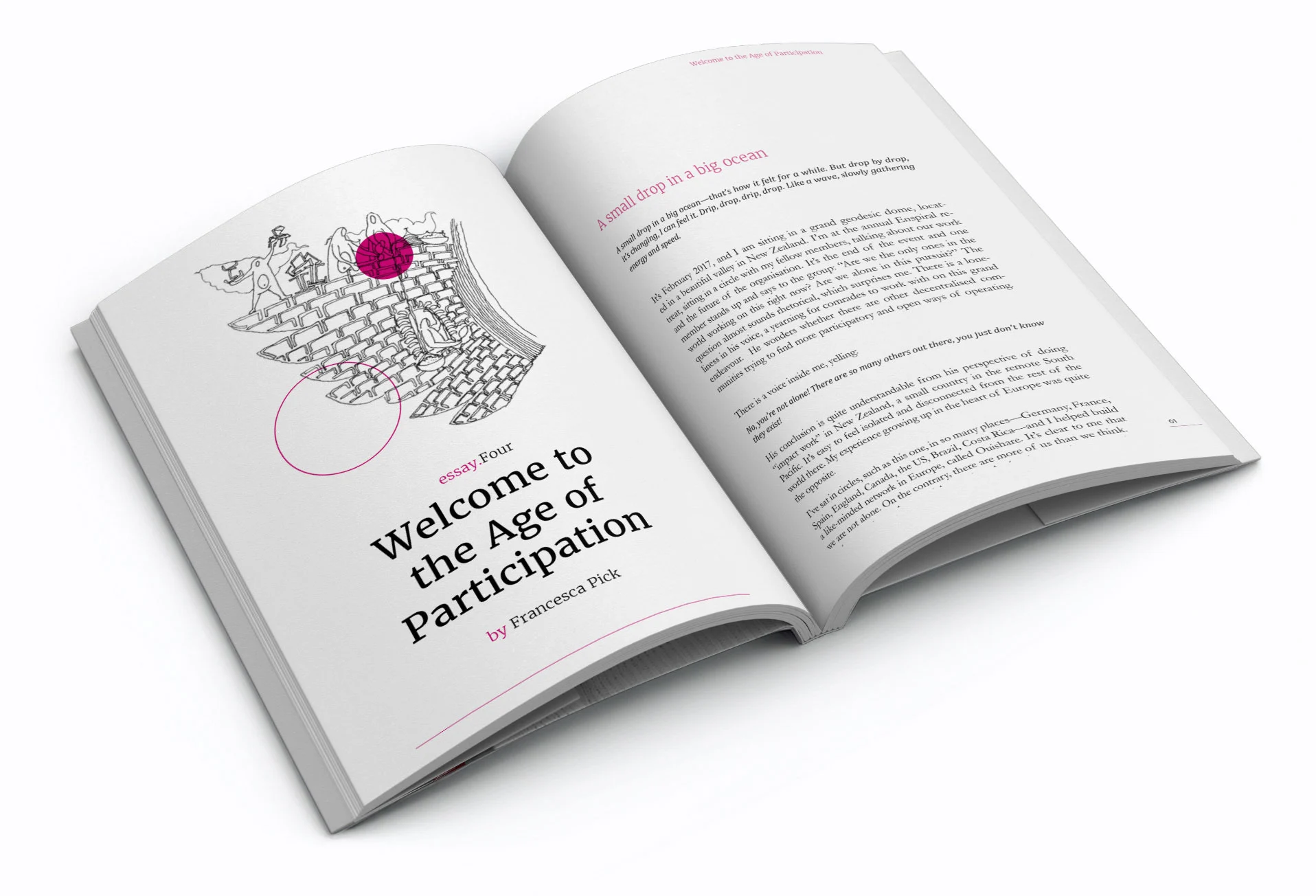 Essay spreads from Better Work Together showing the editorial system
