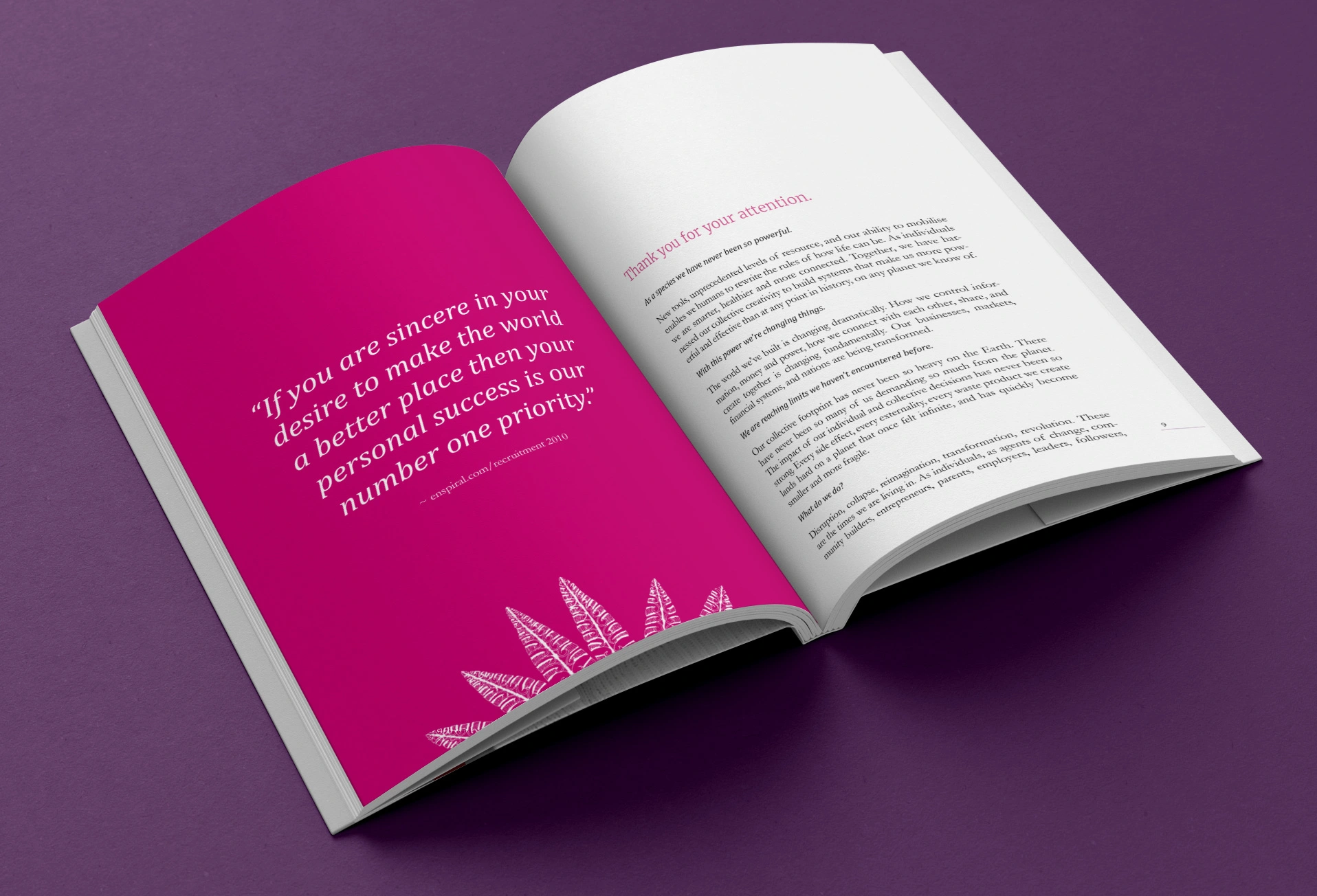 Pink essay opener spread with a quote on a saturated color page facing body text on white